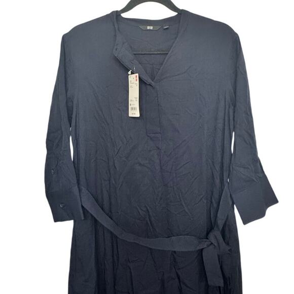 Uniqlo Navy 3/4 Sleeve Rayon Shirt Midi Dress M NWT Belted Minimalist‎ - Picture 2 of 7